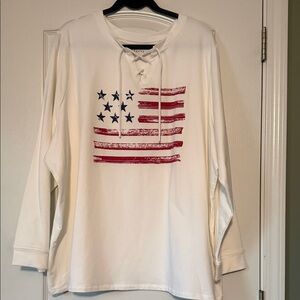 D & Co Lace-Up Flag Graphic Pullover - Cream with Red & Navy Size 4X